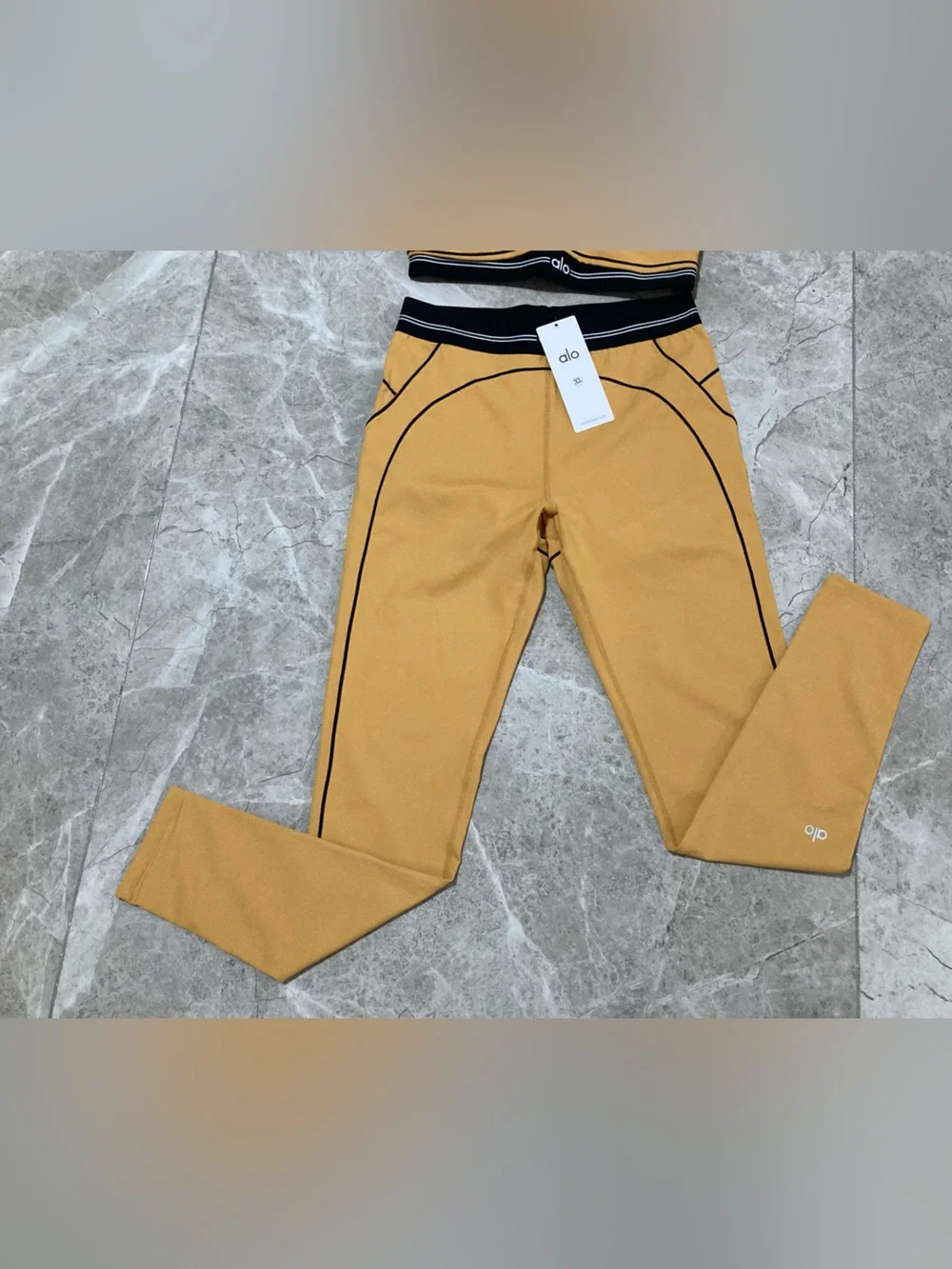 ALO Yoga Mustard Yellow Legging and Crop Top Set with Black Waistband